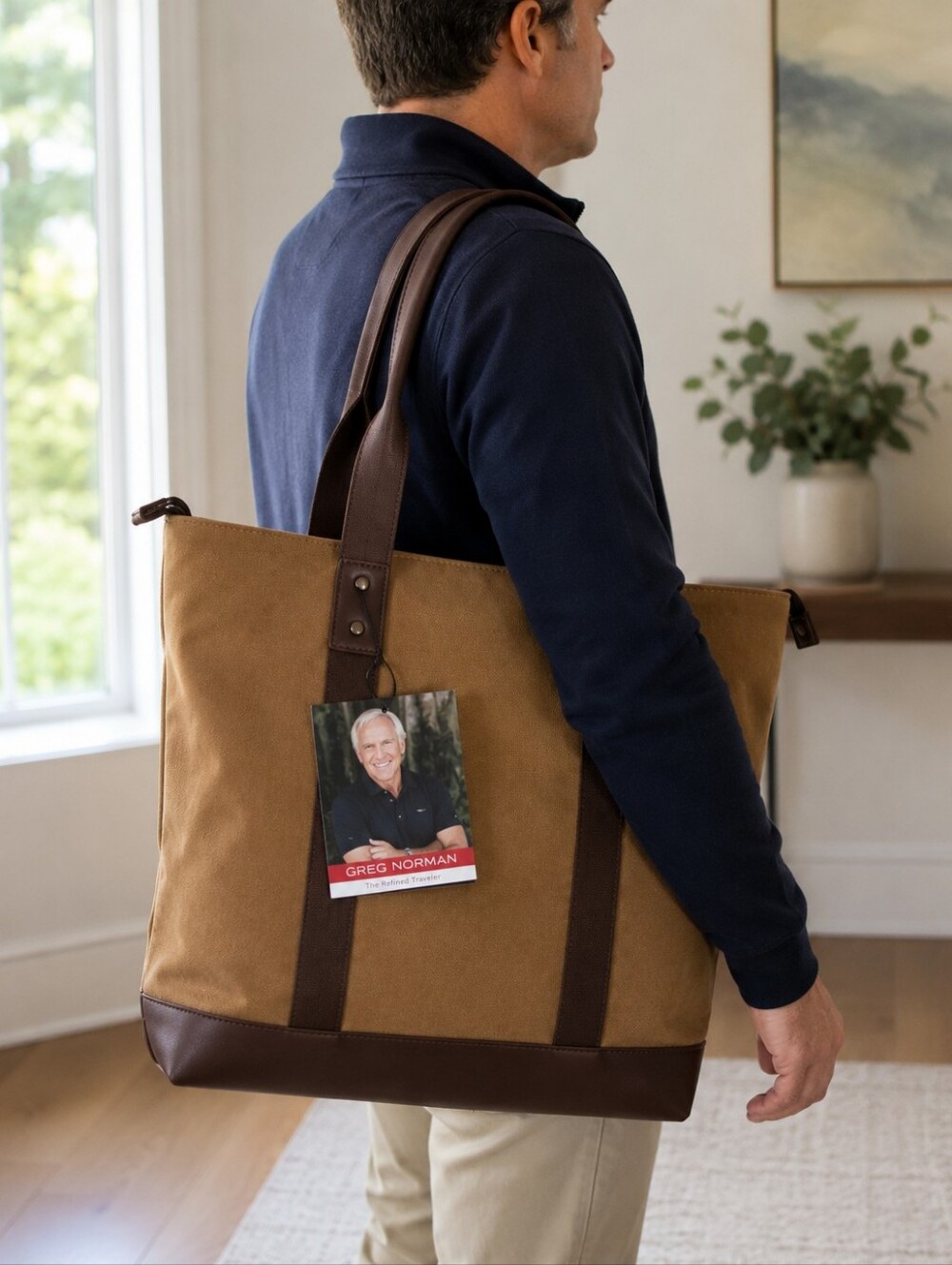 Greg Norman The Refined Traveler Canvas Leather Trim Tote Bag Brown NWT Travel